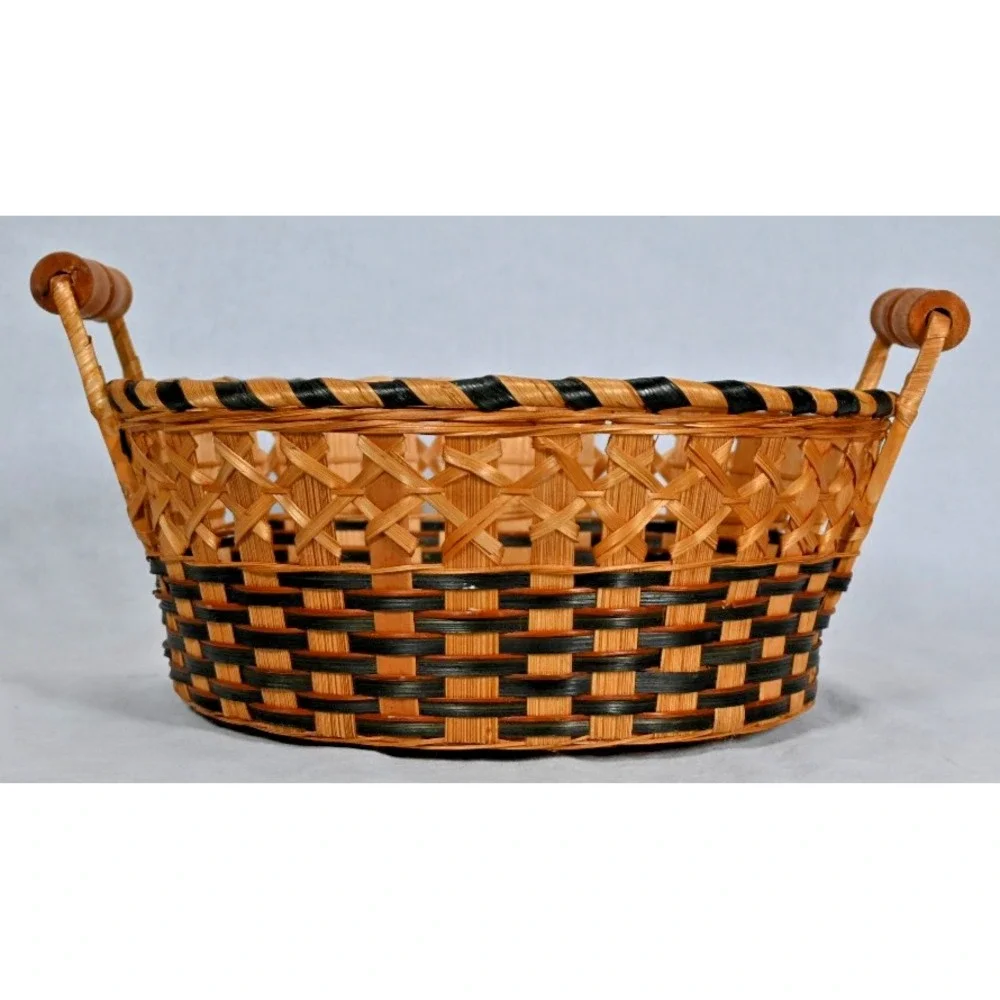 Vintage Wicker Rattan Seagrass Basket Wood Handles Black Accent Decor